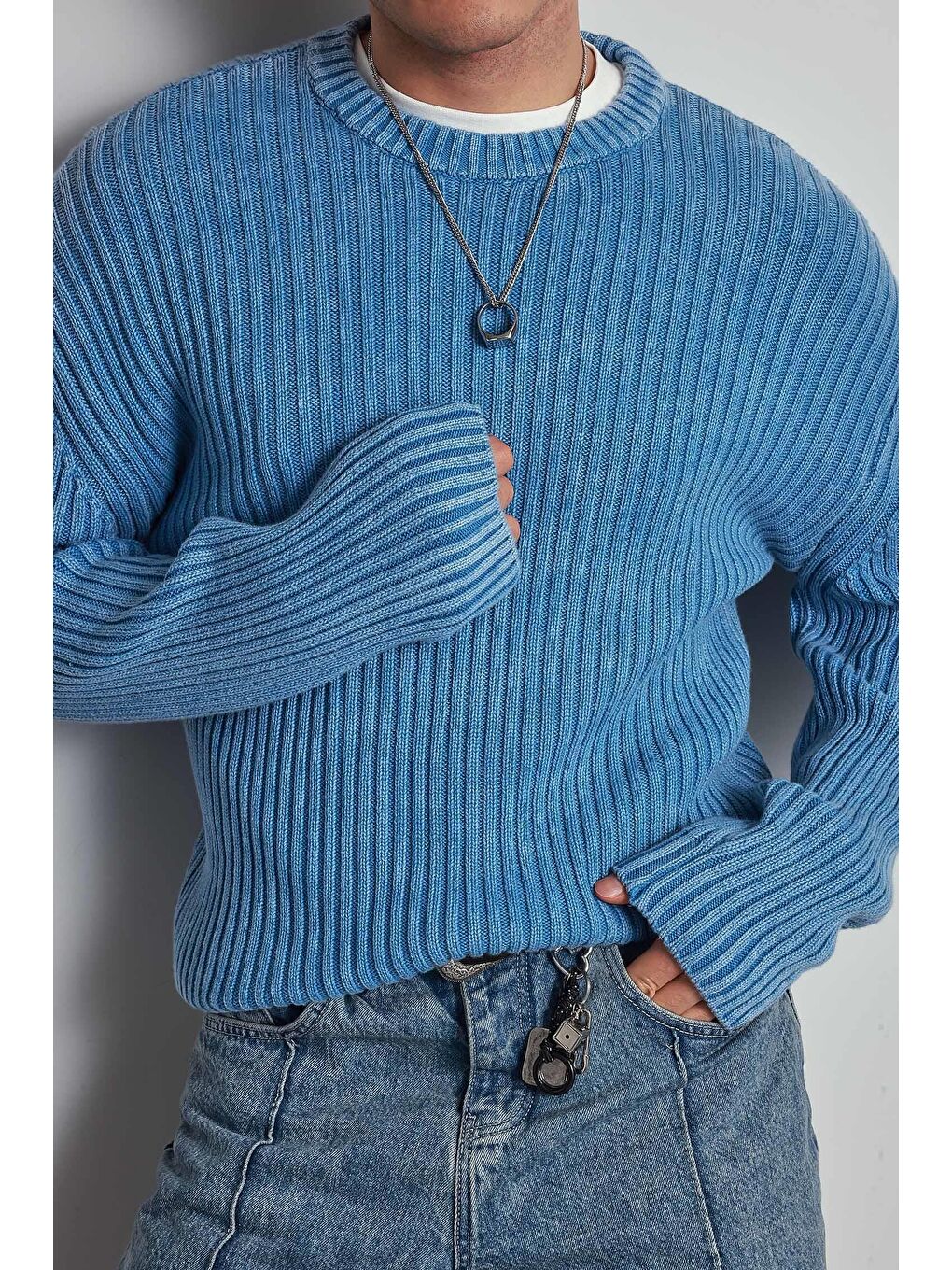 Erkek Oversize Yıkamalı Efektli Basic Kazak Mavi-4