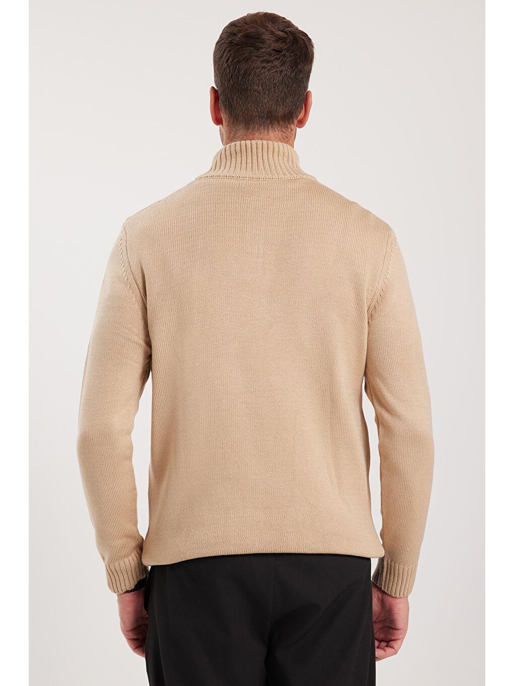 Bej Erkek Slim Fit Dar Kesim Armürlü Fermuarlı Taş Dik Yaka Kazak-6