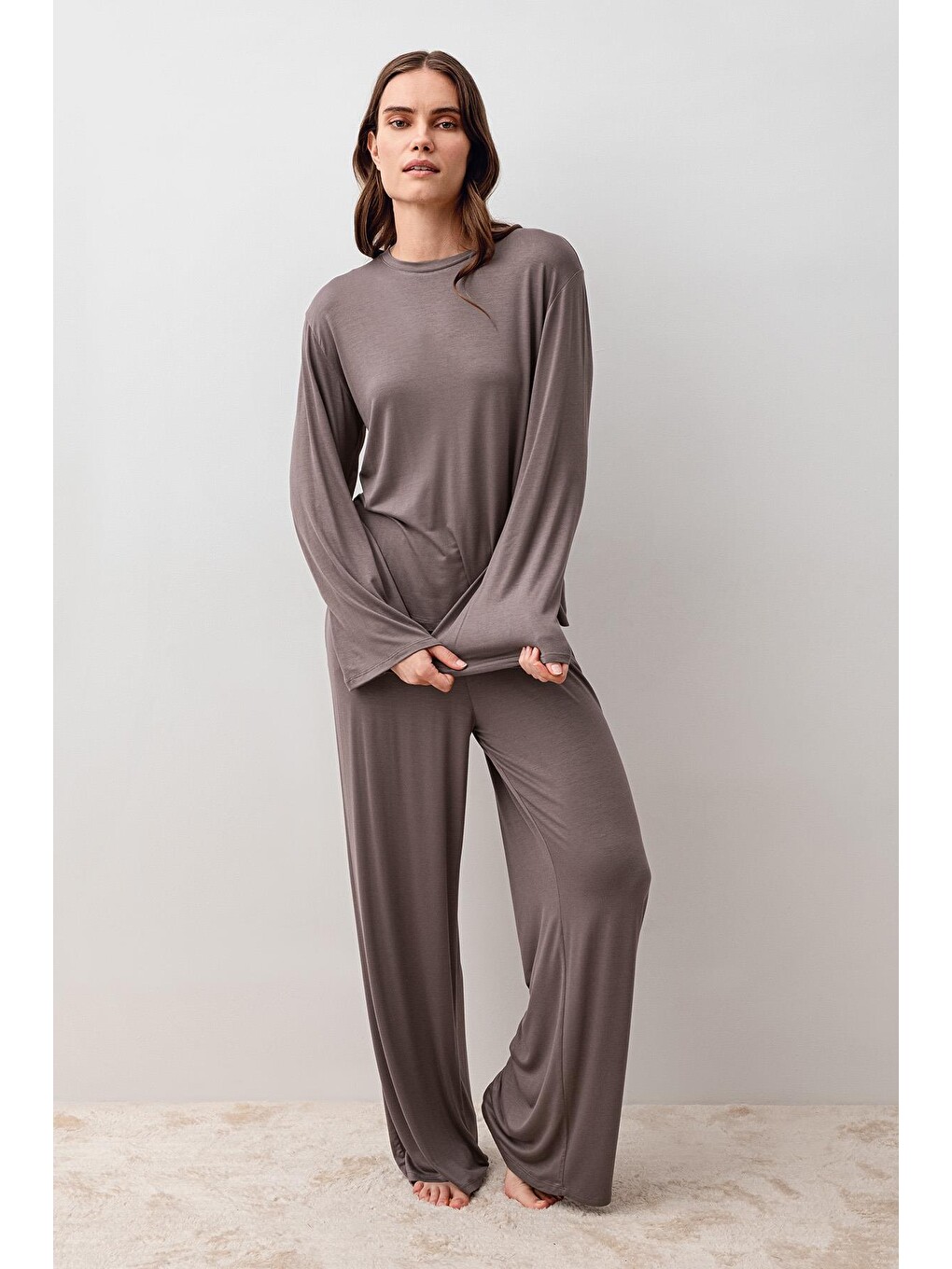 Bej Uzun Kollu Oversize Basic Elastanlı Viskoz Alt Üst Takım 20210-1