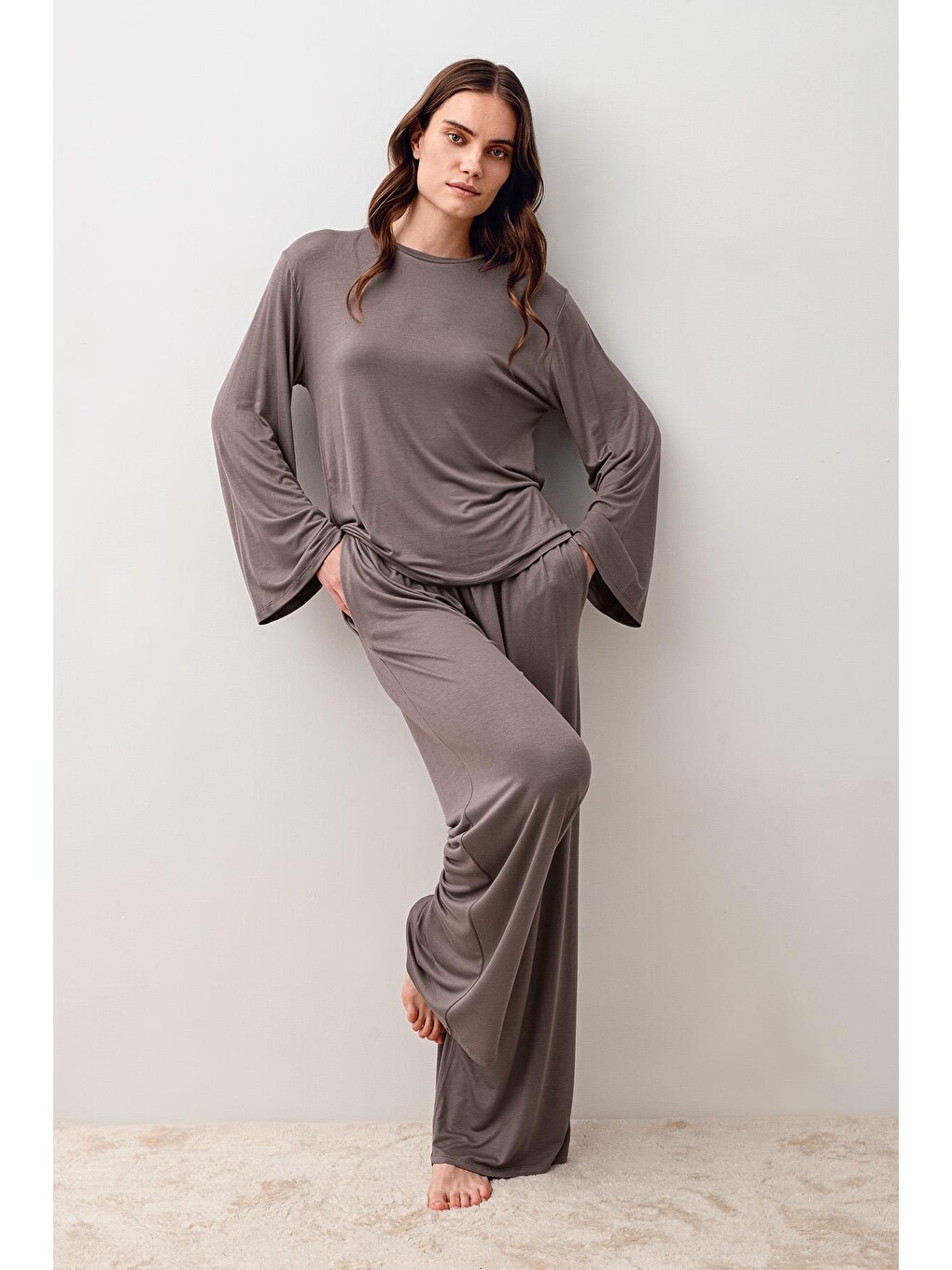Bej Uzun Kollu Oversize Basic Elastanlı Viskoz Alt Üst Takım 20210-2