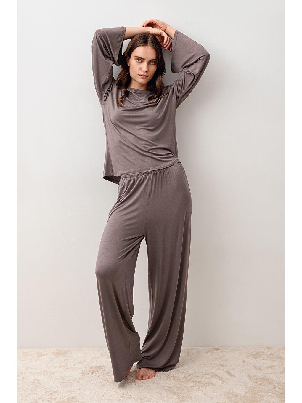 Bej Uzun Kollu Oversize Basic Elastanlı Viskoz Alt Üst Takım 20210-3