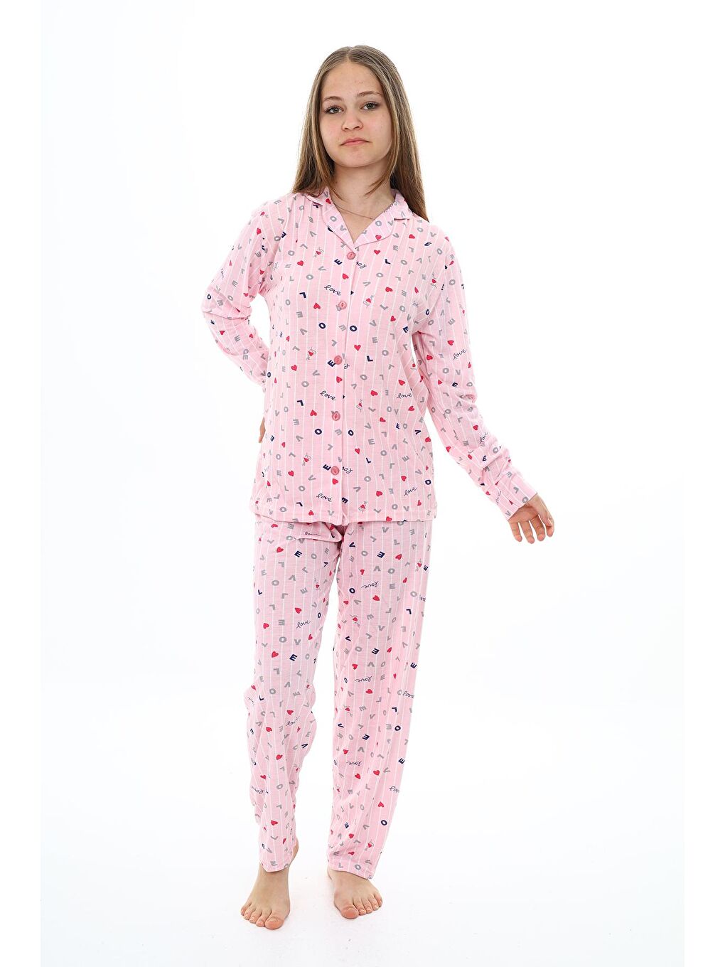 EFTELYA Pembe Kız Çocuk Love Baskılı-Çizgi Desenli Pijama Takımı 7-16 Yaş 0157