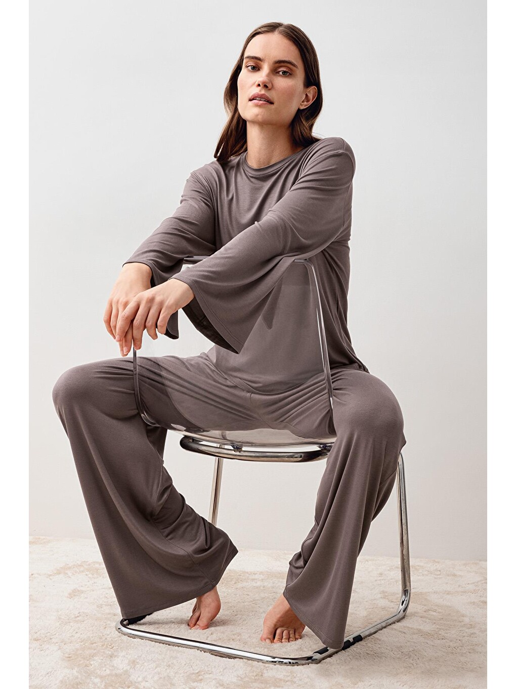 Bej Uzun Kollu Oversize Basic Elastanlı Viskoz Alt Üst Takım 20210-4