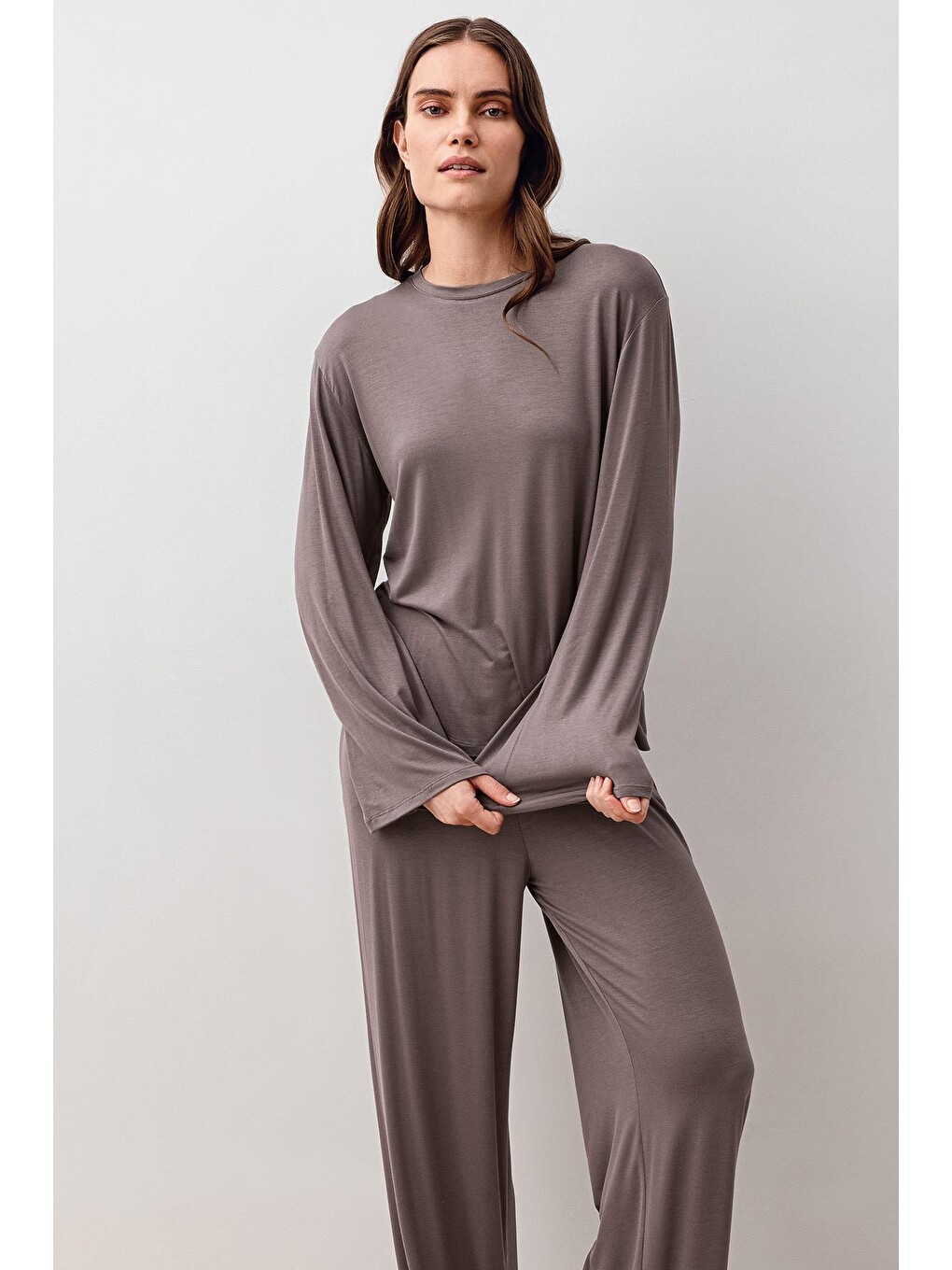Bej Uzun Kollu Oversize Basic Elastanlı Viskoz Alt Üst Takım 20210-5