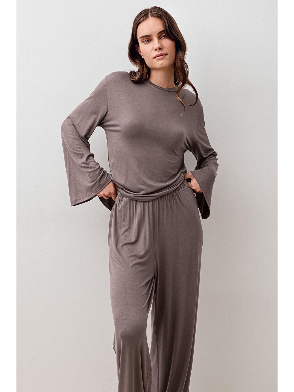 Bej Uzun Kollu Oversize Basic Elastanlı Viskoz Alt Üst Takım 20210-6
