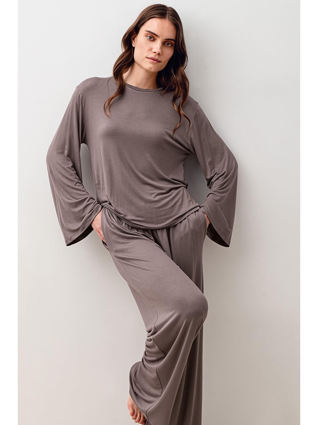 Bej Uzun Kollu Oversize Basic Elastanlı Viskoz Alt Üst Takım 20210-7