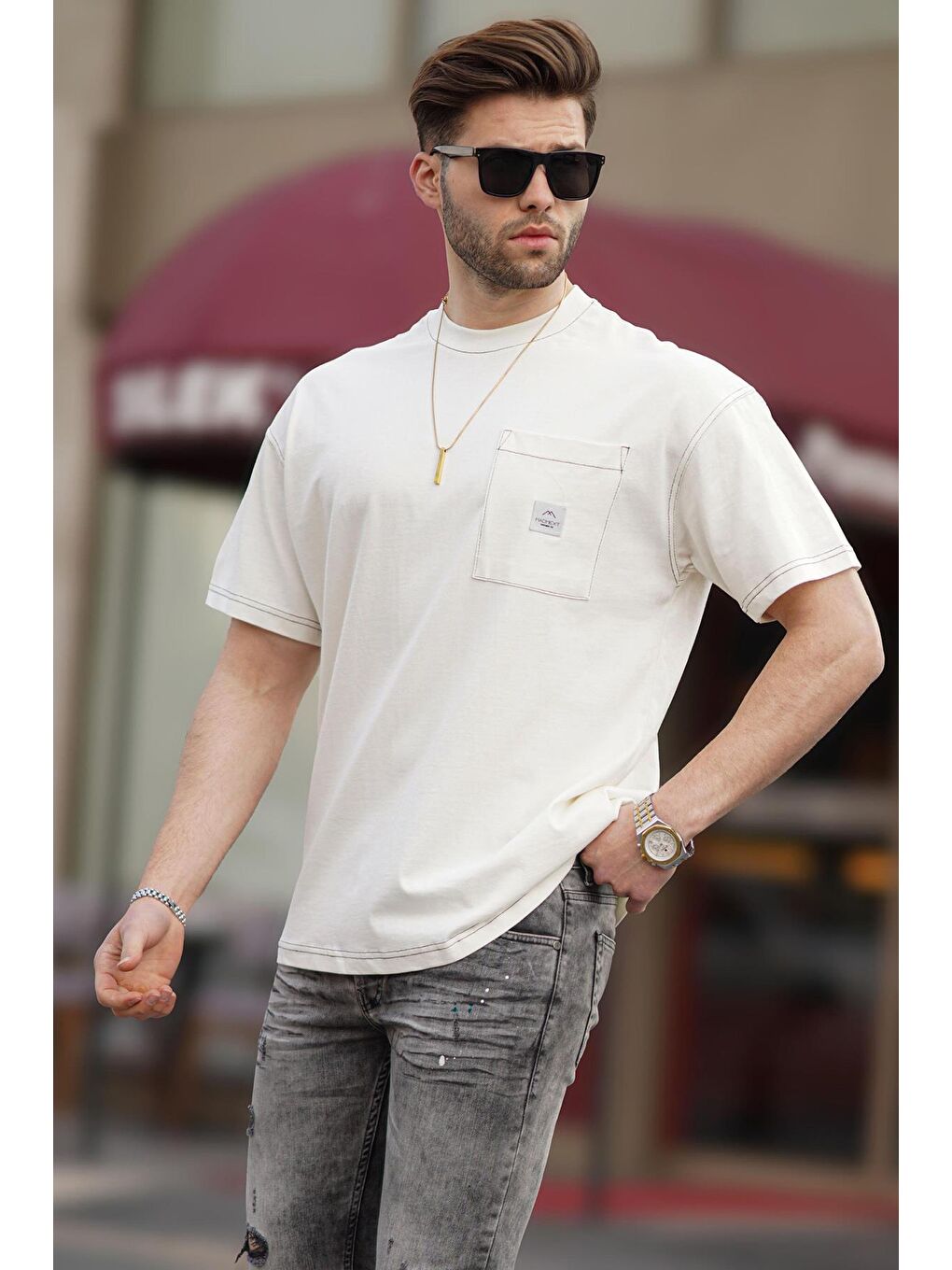 Ekru Oversize Cep Detaylı Erkek %100 Pamuk Tişört 7001-1