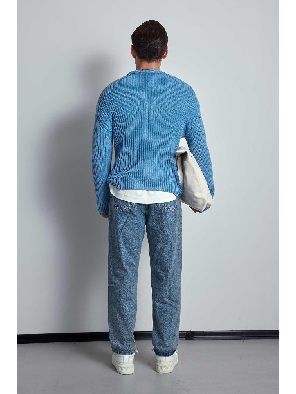 Erkek Oversize Yıkamalı Efektli Basic Kazak Mavi-6