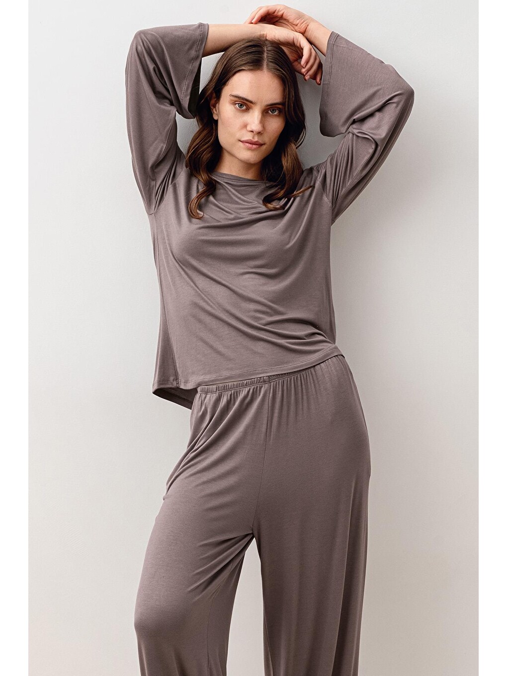 Bej Uzun Kollu Oversize Basic Elastanlı Viskoz Alt Üst Takım 20210-8