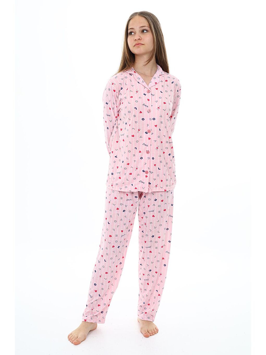 EFTELYA Pembe Kız Çocuk Love Baskılı-Çizgi Desenli Pijama Takımı 7-16 Yaş 0157 - 1