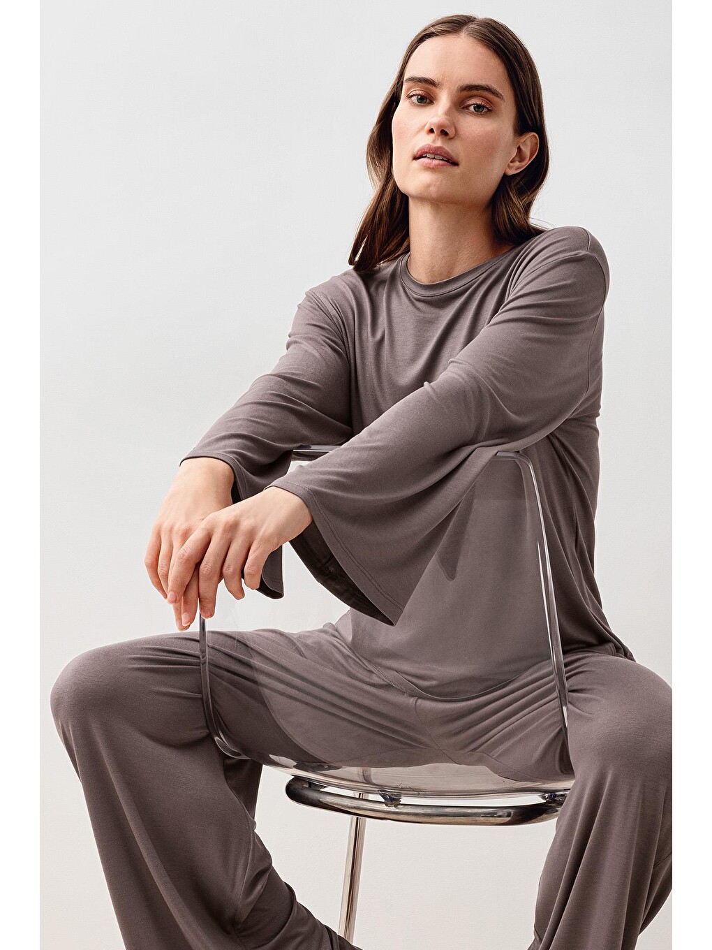 Bej Uzun Kollu Oversize Basic Elastanlı Viskoz Alt Üst Takım 20210-9