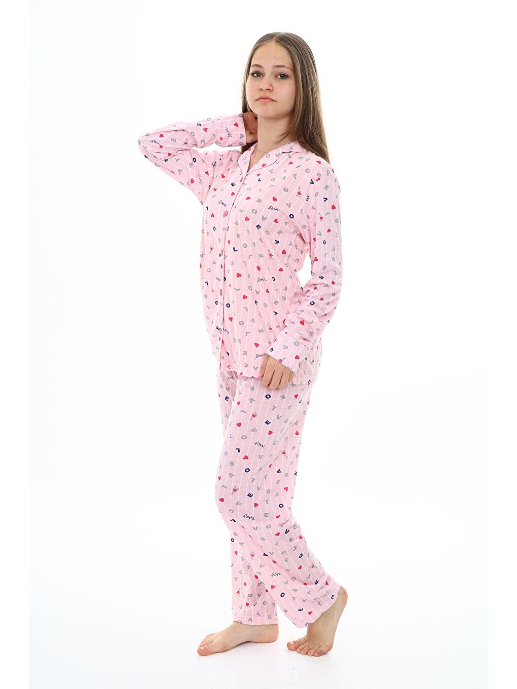 EFTELYA Pembe Kız Çocuk Love Baskılı-Çizgi Desenli Pijama Takımı 7-16 Yaş 0157 - 2