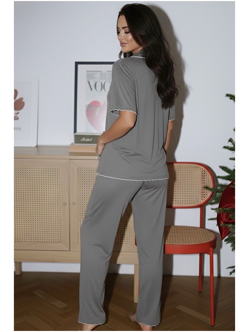 Gri Cepli Bürümcük-krınkıl Kısa Kollu Düğmeli Örme Pijama Takım 7940-2