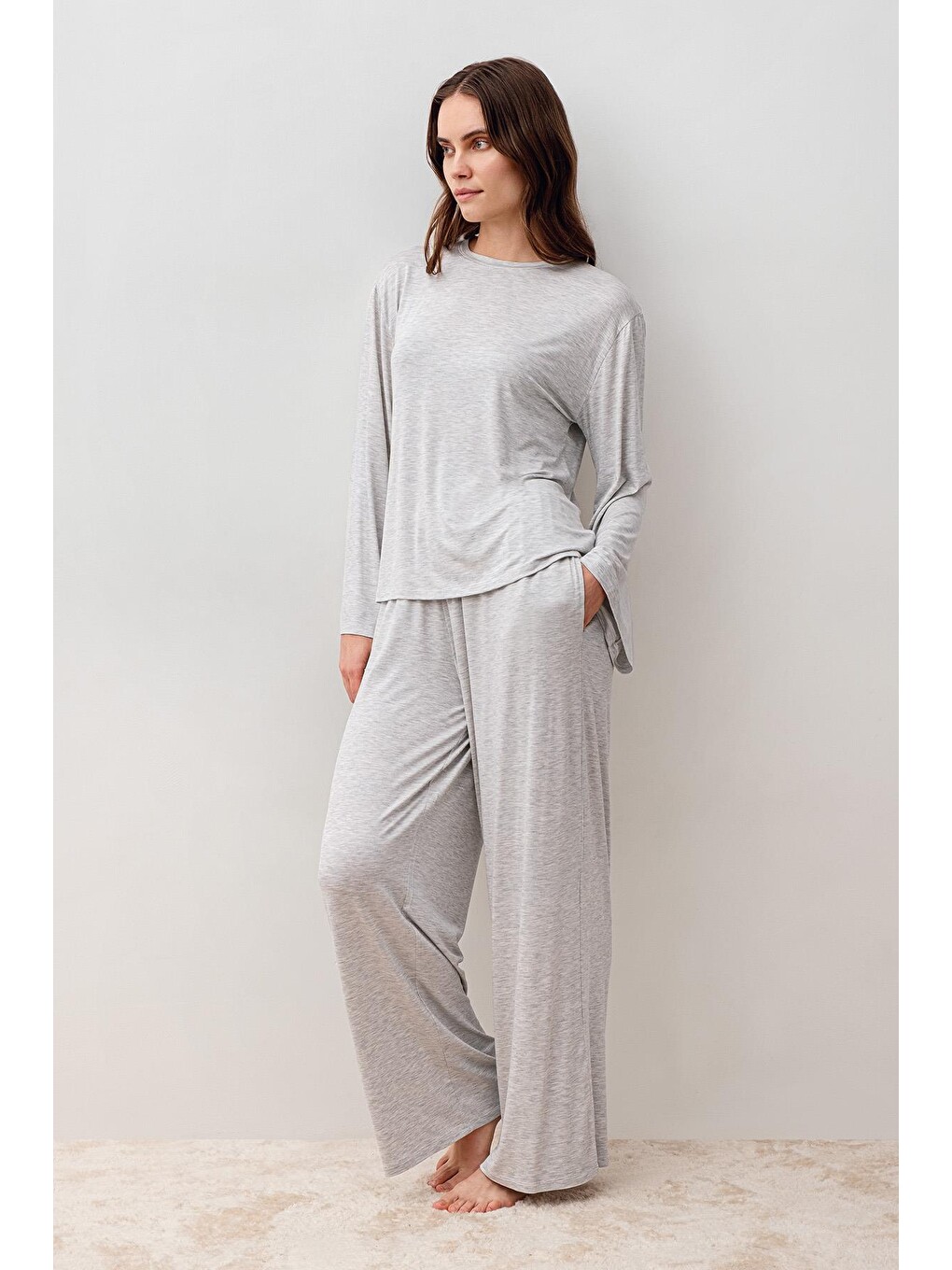 Gri Uzun Kollu Oversize Basic Elastanlı Viskoz Alt Üst Takım 20210-1