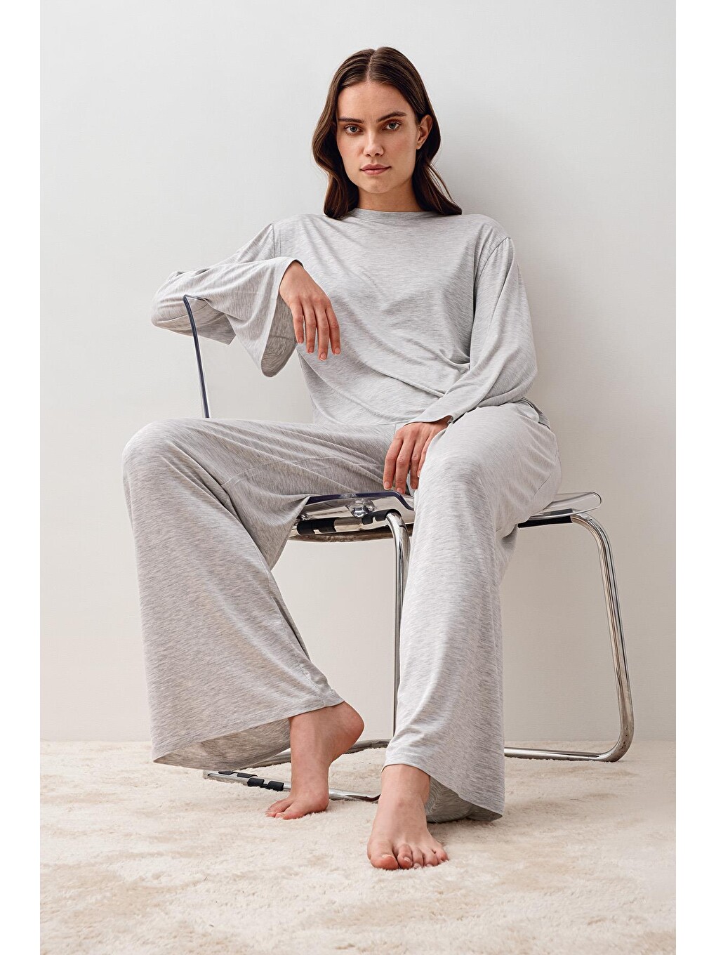 Gri Uzun Kollu Oversize Basic Elastanlı Viskoz Alt Üst Takım 20210-2