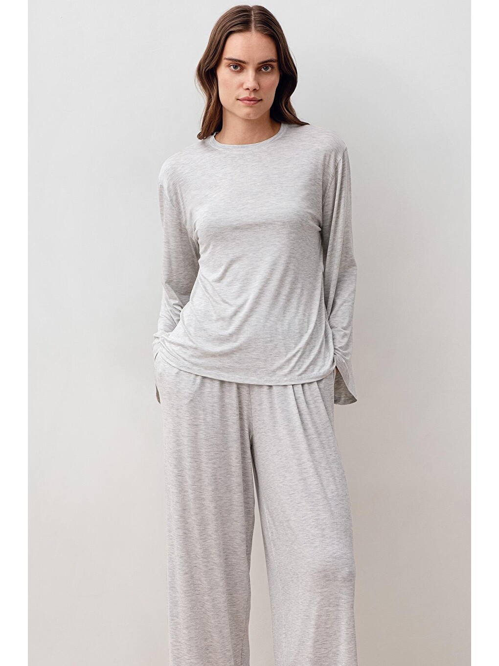 Gri Uzun Kollu Oversize Basic Elastanlı Viskoz Alt Üst Takım 20210-3