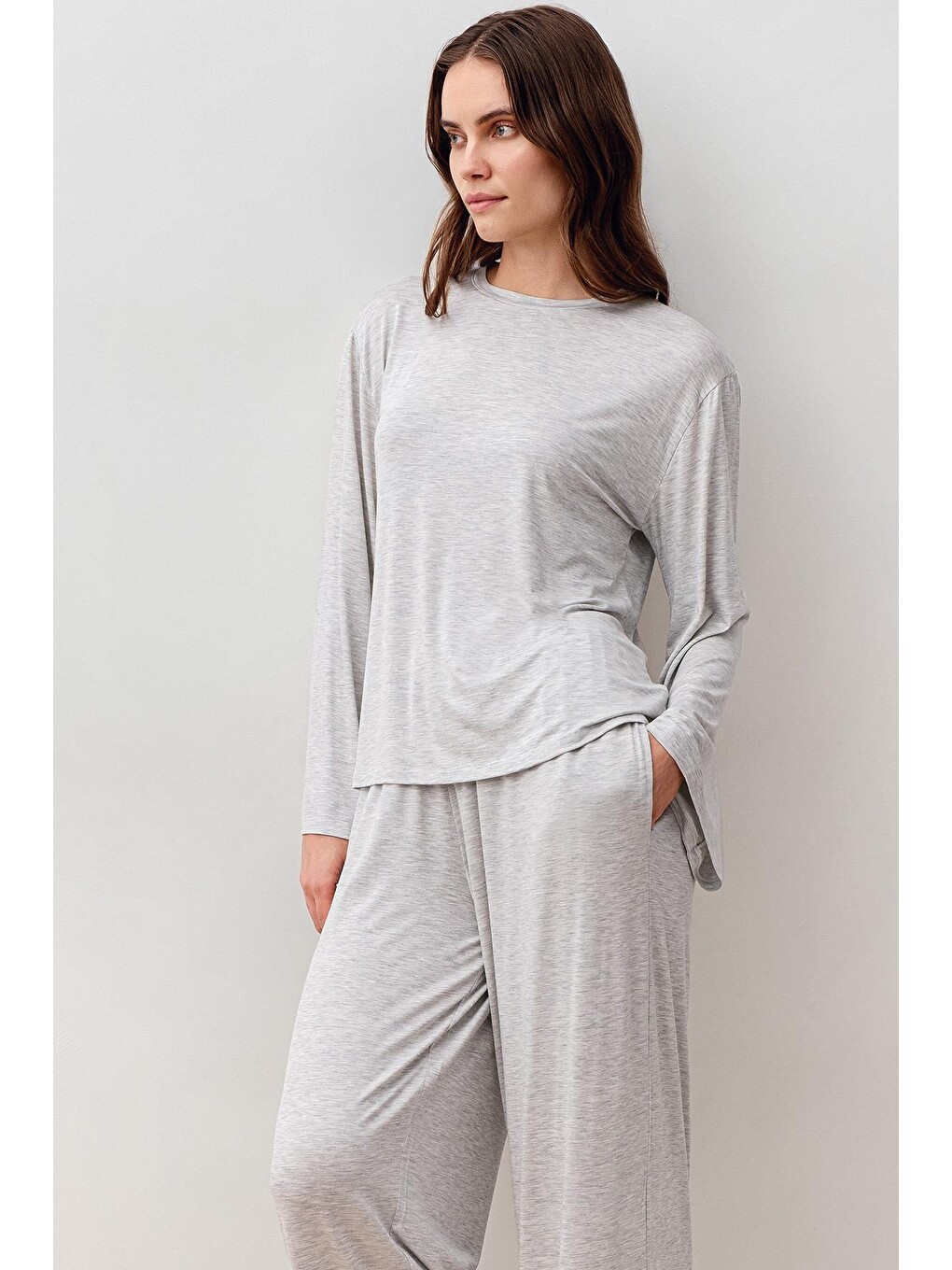 Gri Uzun Kollu Oversize Basic Elastanlı Viskoz Alt Üst Takım 20210-4