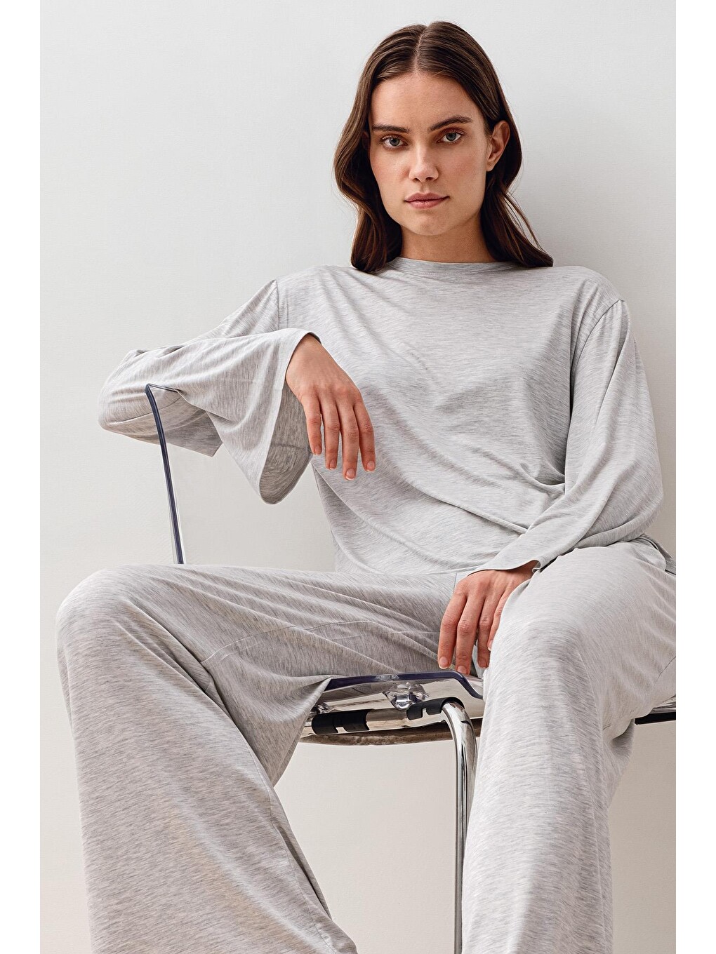 Gri Uzun Kollu Oversize Basic Elastanlı Viskoz Alt Üst Takım 20210-5