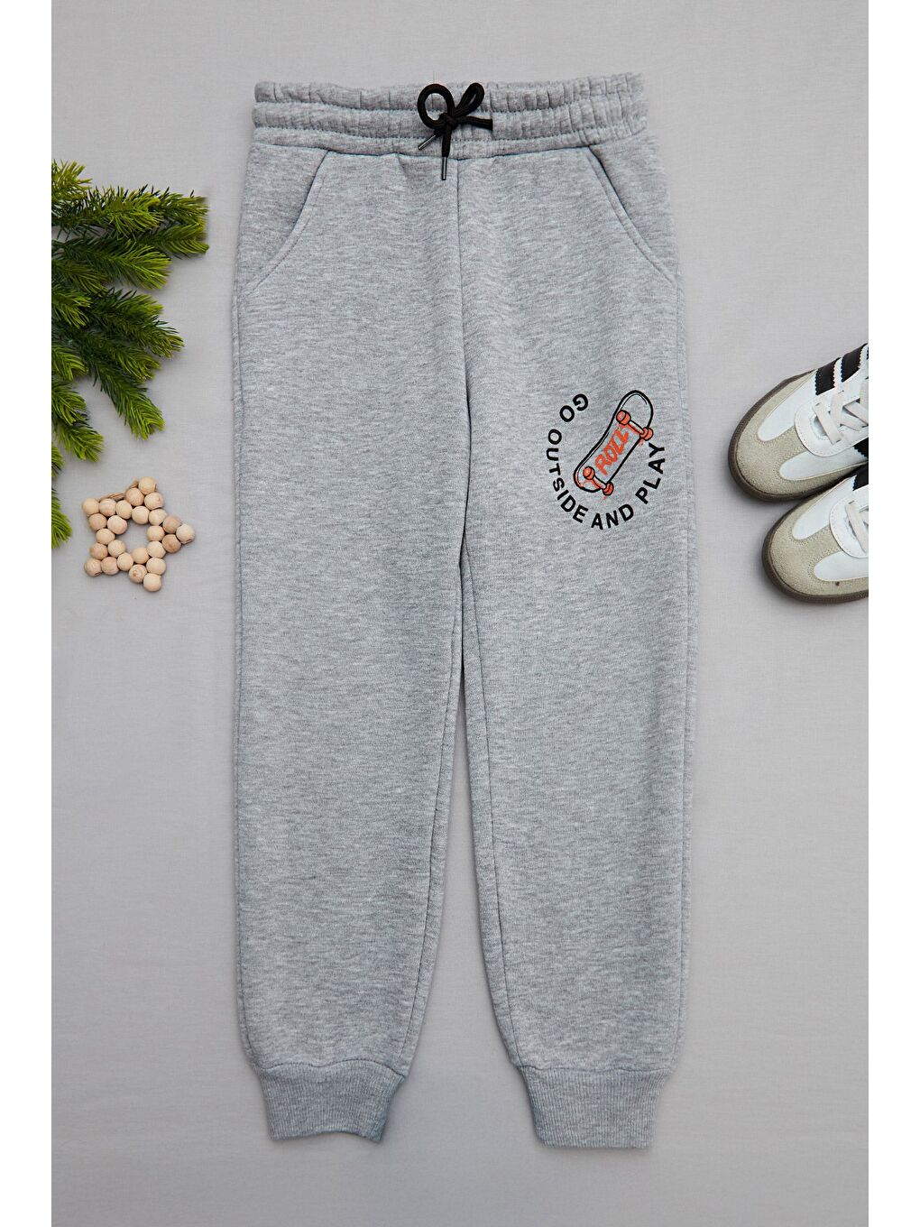 Gri 3 İplik Kaykay Baskılı Jogger Erkek Çocuk Eşofman Altı