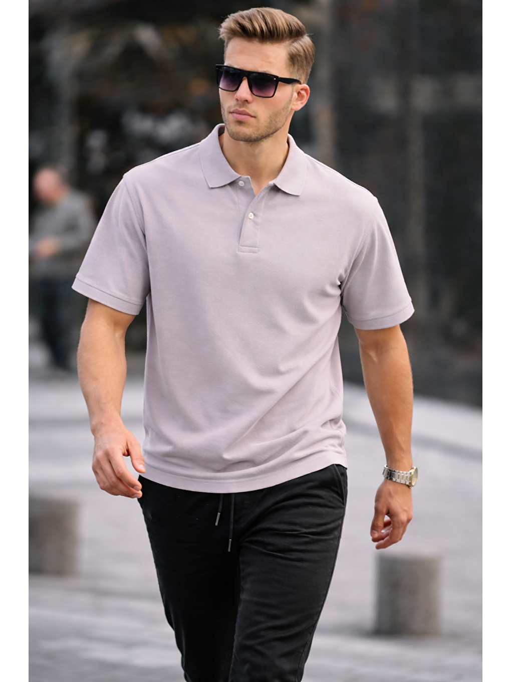 Erkek Basic Relax Gri Polo Yaka Tişört-2