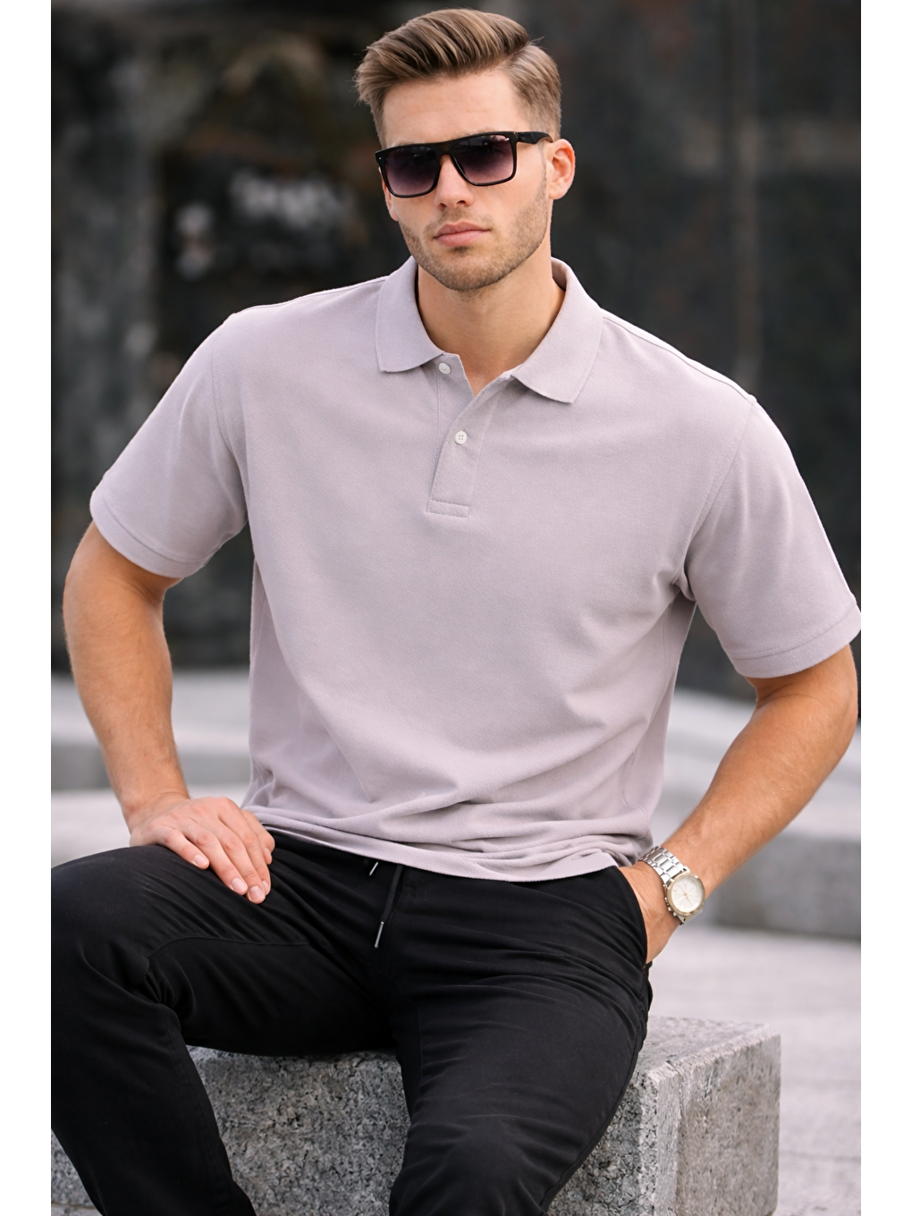 Erkek Basic Relax Gri Polo Yaka Tişört-3