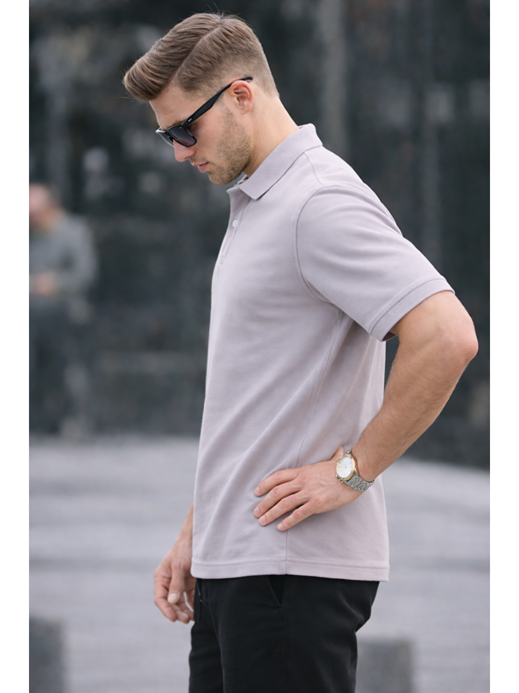Erkek Basic Relax Gri Polo Yaka Tişört-5