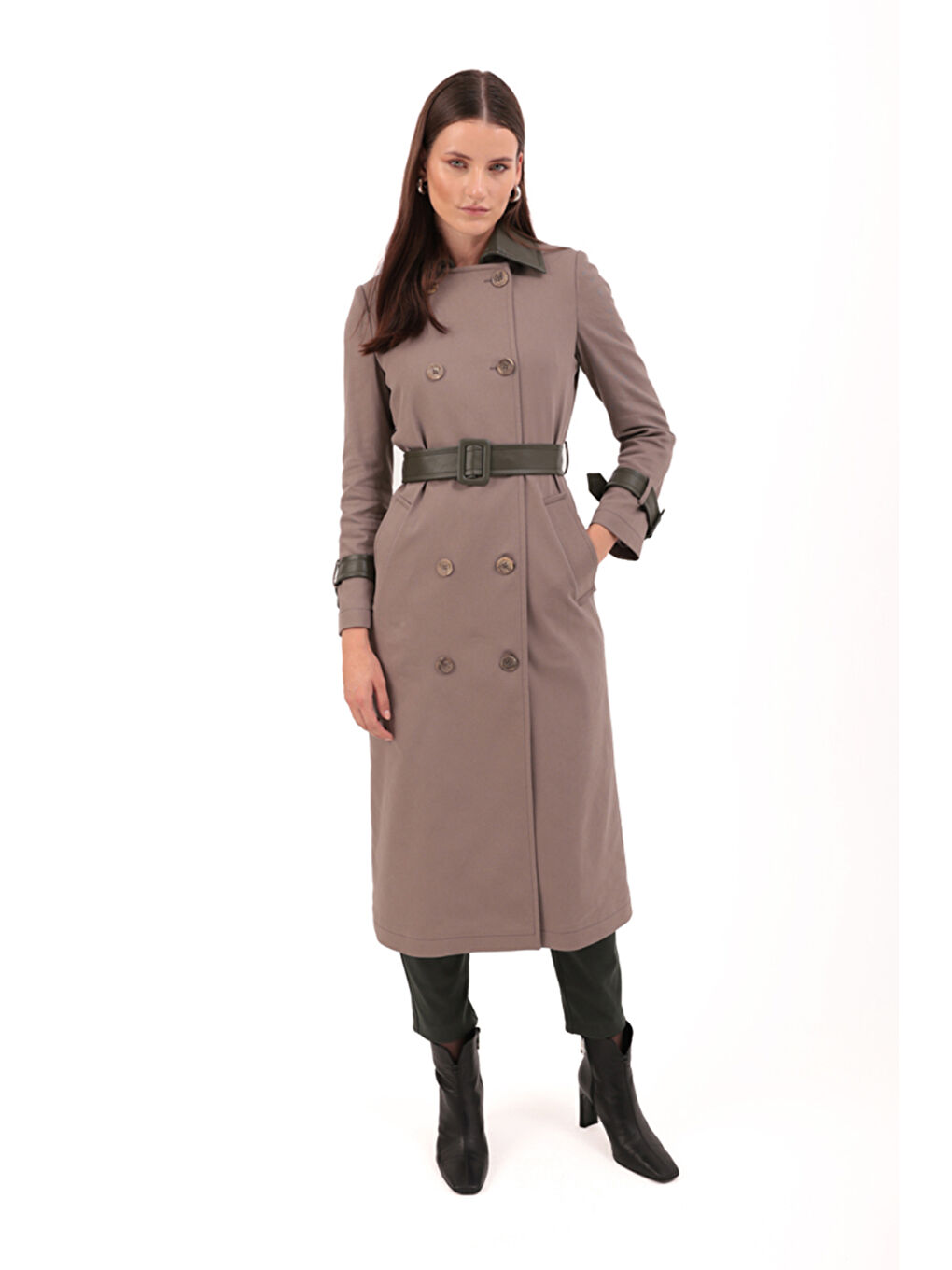 Bej Deri Detaylı Kruvaze Trençkot