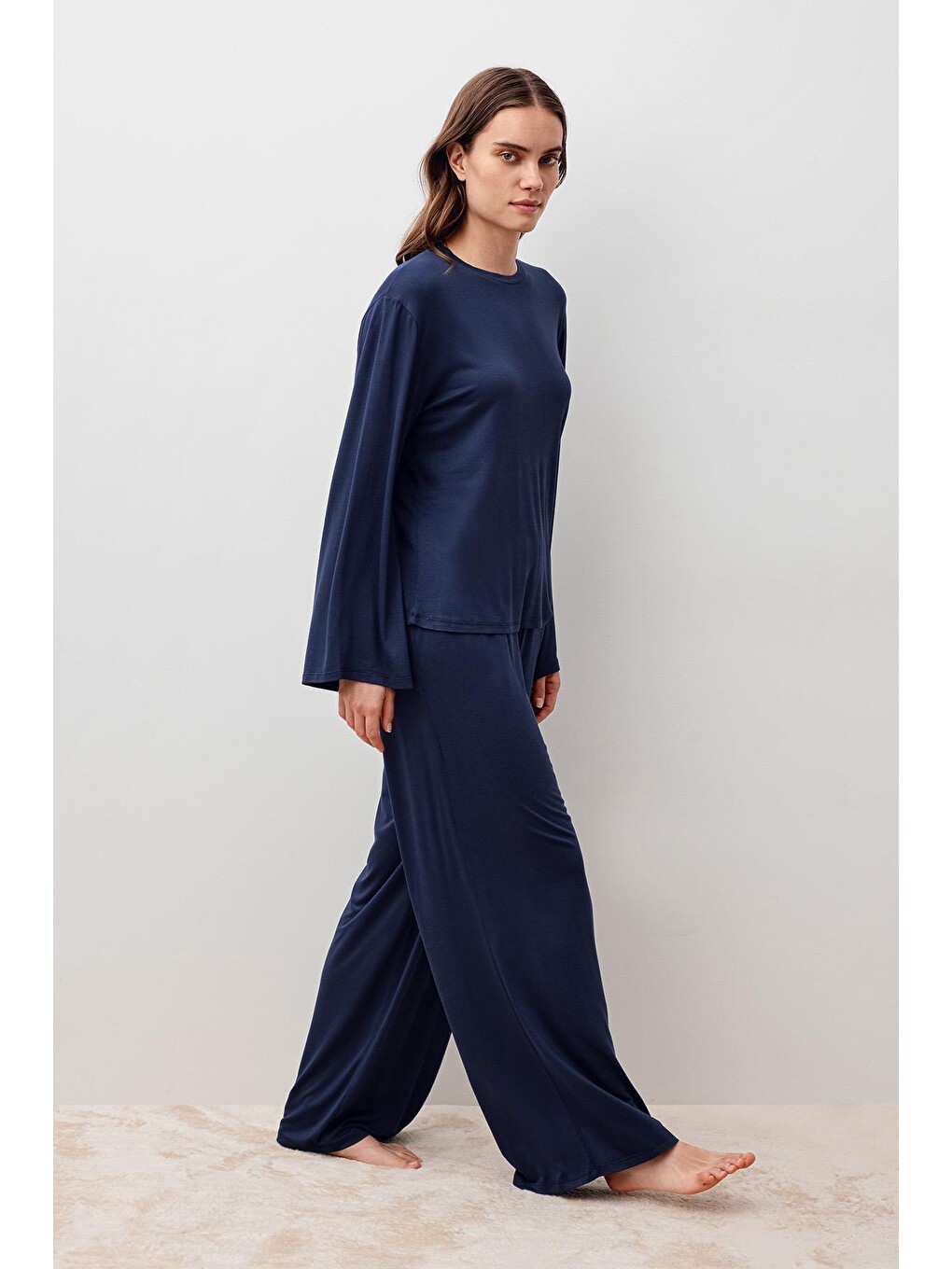 Lacivert Uzun Kollu Oversize Basic Elastanlı Viskoz Alt Üst Takım 20210-1