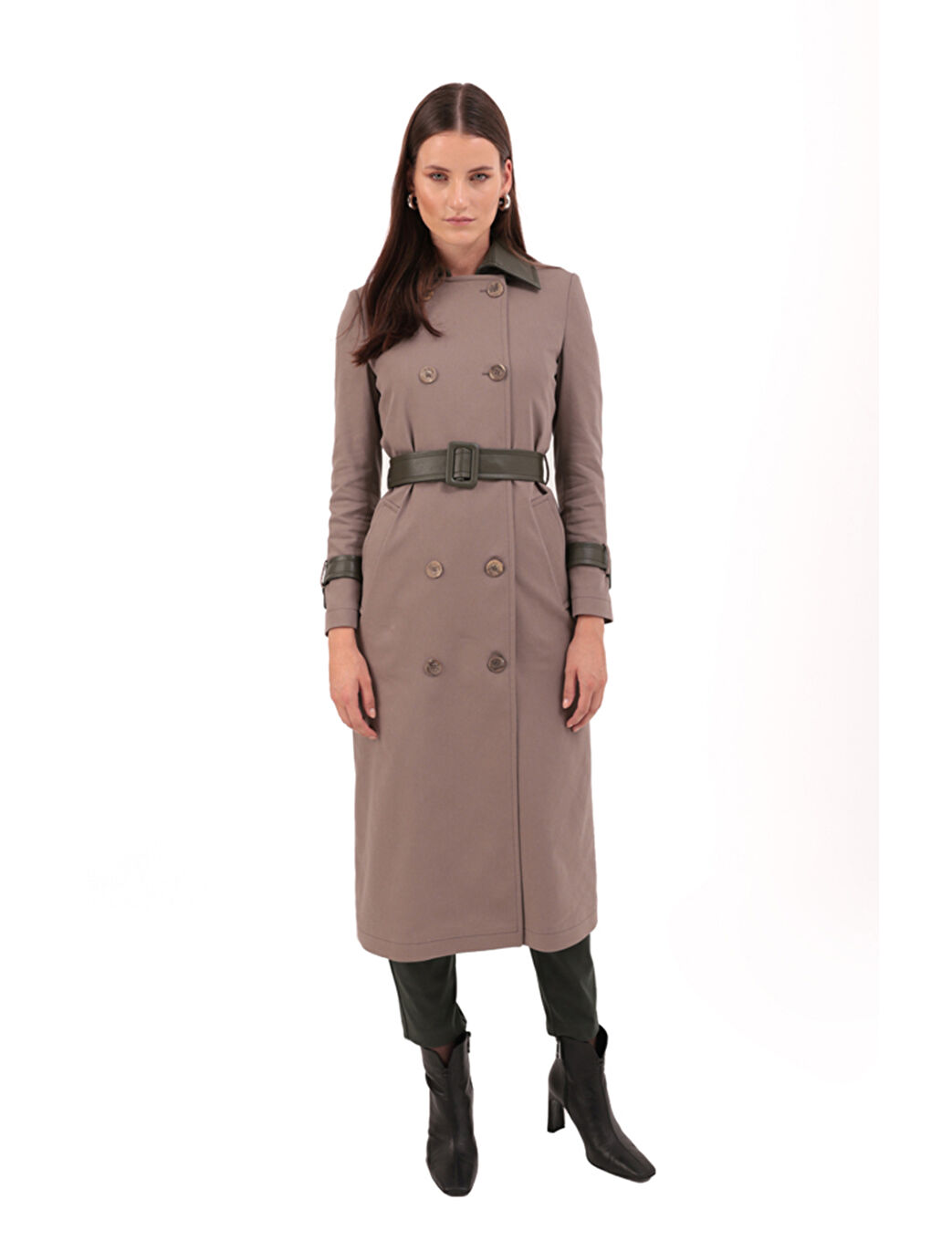 Bej Deri Detaylı Kruvaze Trençkot-1