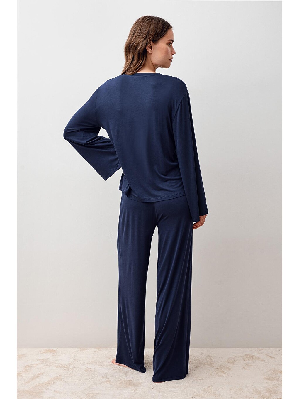 Lacivert Uzun Kollu Oversize Basic Elastanlı Viskoz Alt Üst Takım 20210-2