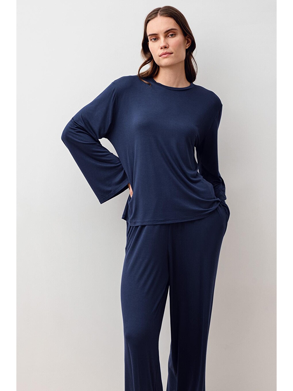Lacivert Uzun Kollu Oversize Basic Elastanlı Viskoz Alt Üst Takım 20210-3