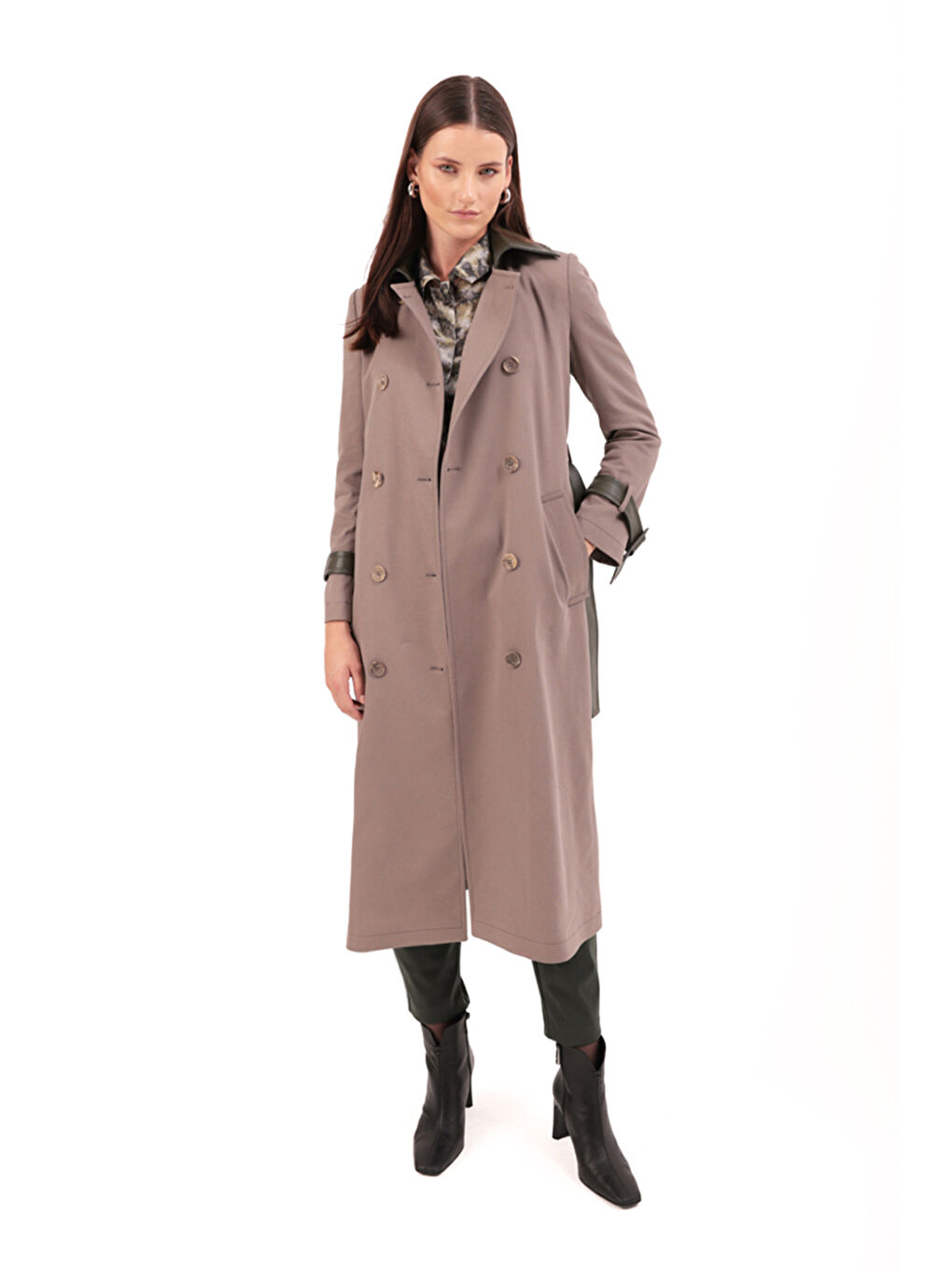 Bej Deri Detaylı Kruvaze Trençkot-2