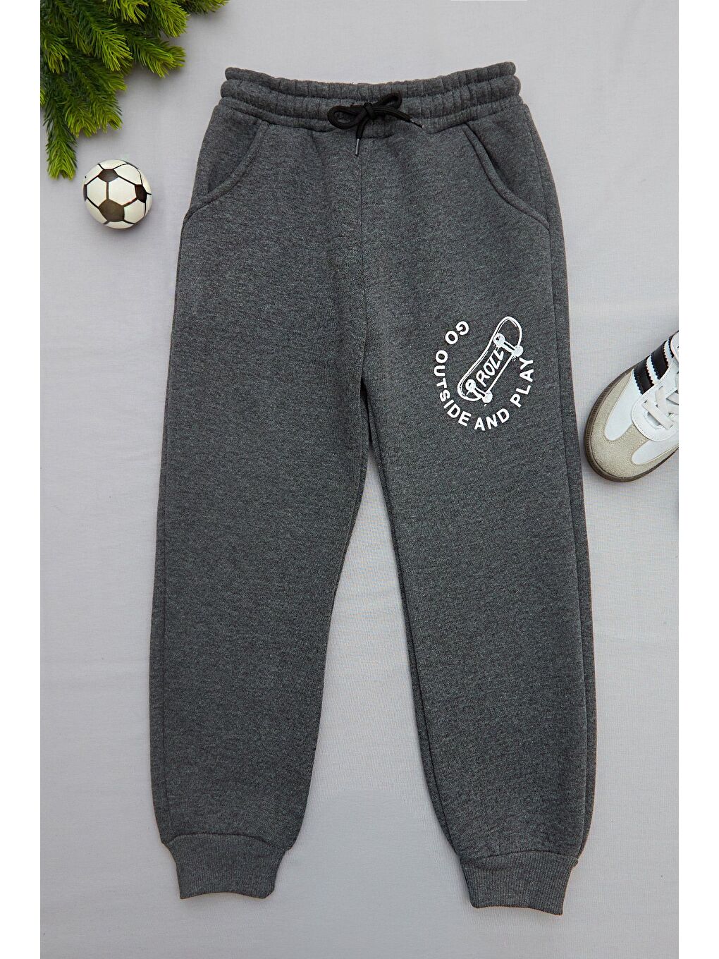 Gri 3 İplik Kaykay Baskılı Jogger Erkek Çocuk Eşofman Altı