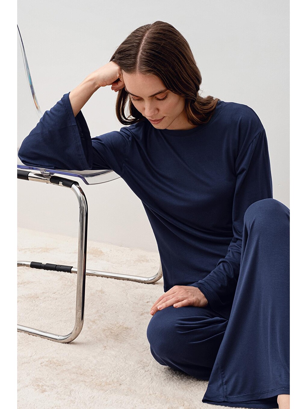 Lacivert Uzun Kollu Oversize Basic Elastanlı Viskoz Alt Üst Takım 20210-4