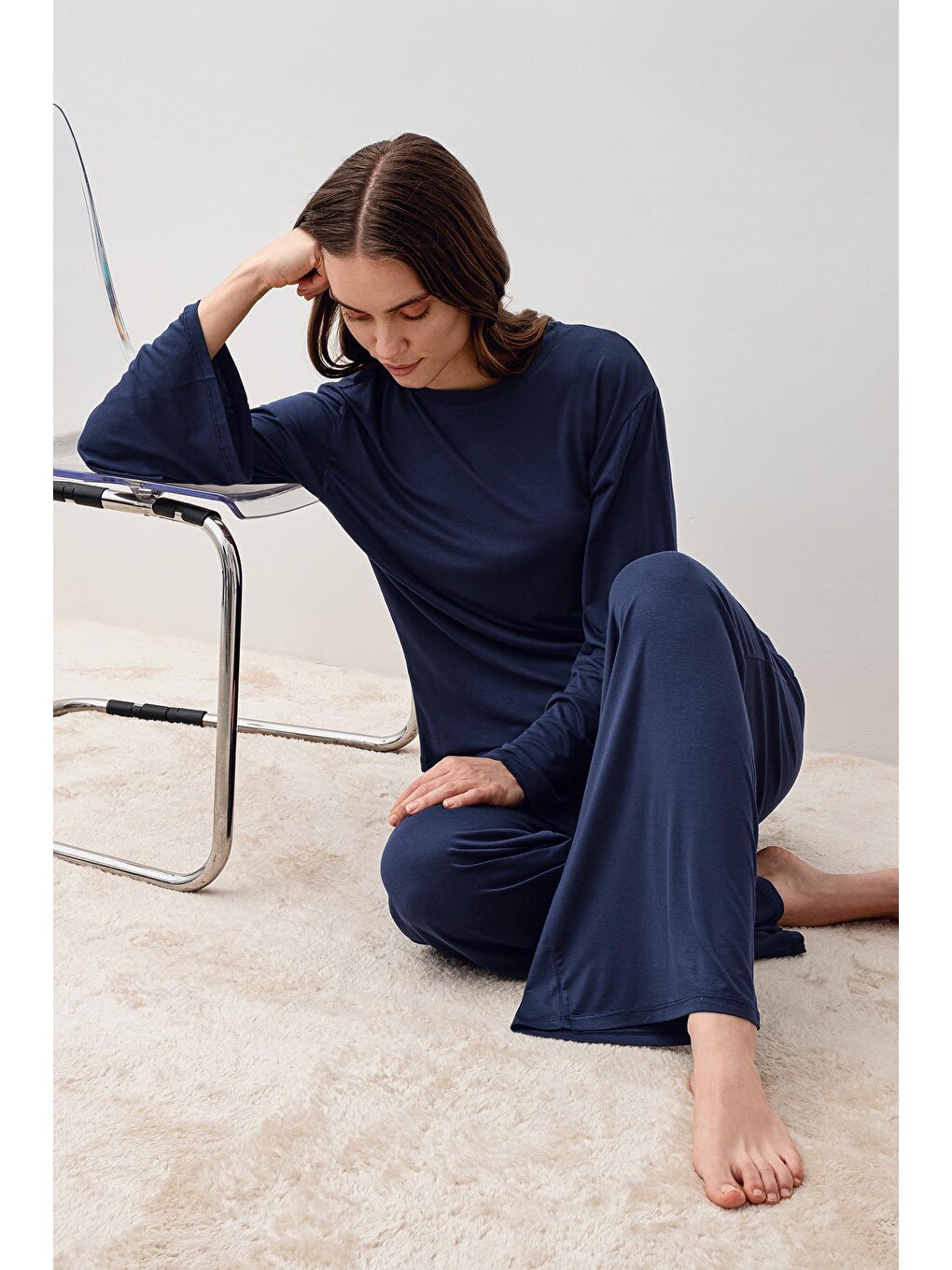 Lacivert Uzun Kollu Oversize Basic Elastanlı Viskoz Alt Üst Takım 20210-5