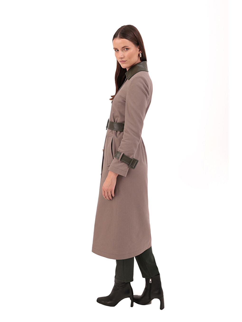 Bej Deri Detaylı Kruvaze Trençkot-4