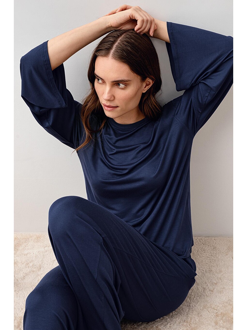 Lacivert Uzun Kollu Oversize Basic Elastanlı Viskoz Alt Üst Takım 20210-6