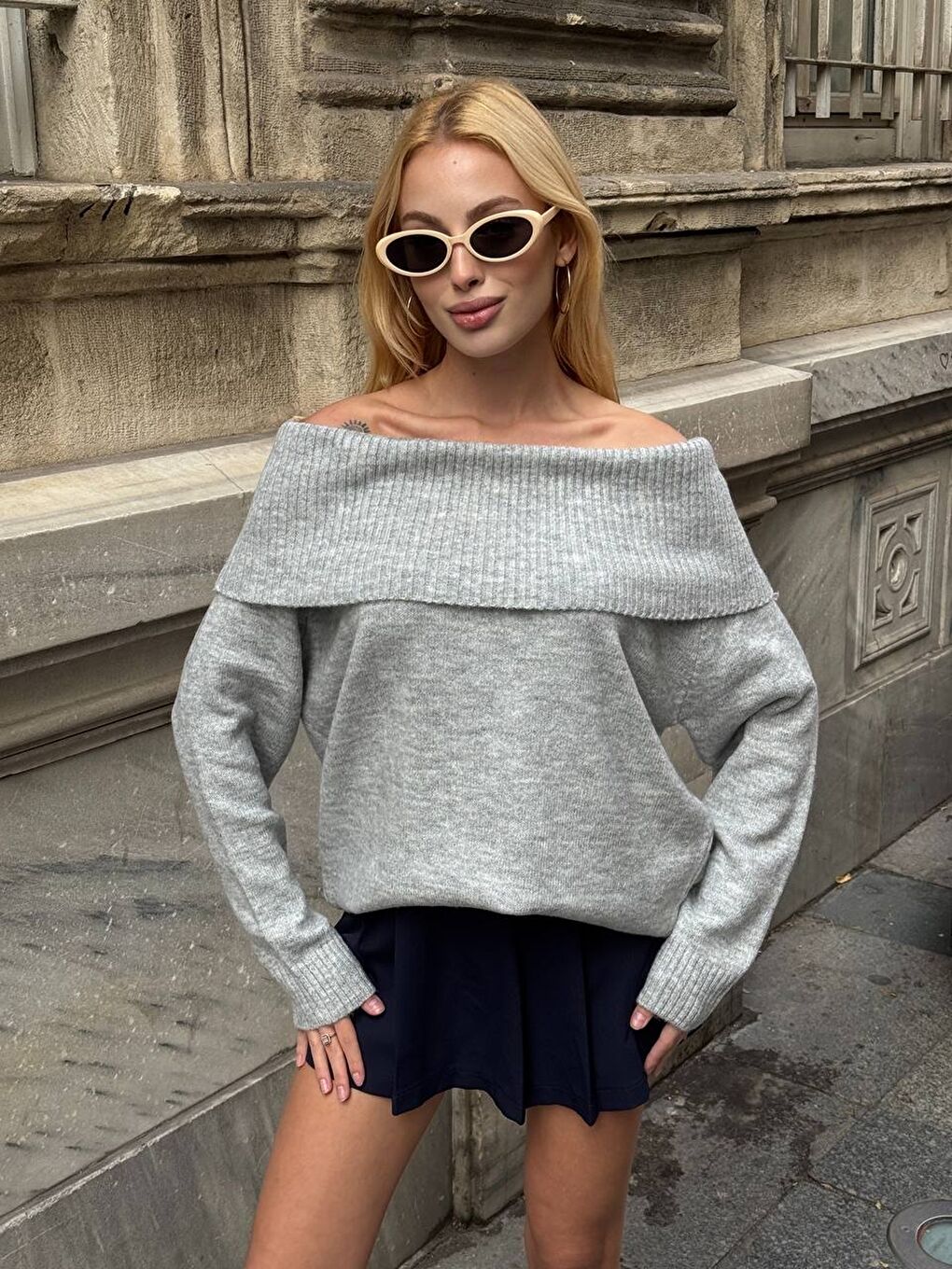 Gri Madonna Yaka Triko Bluz Elbise-2