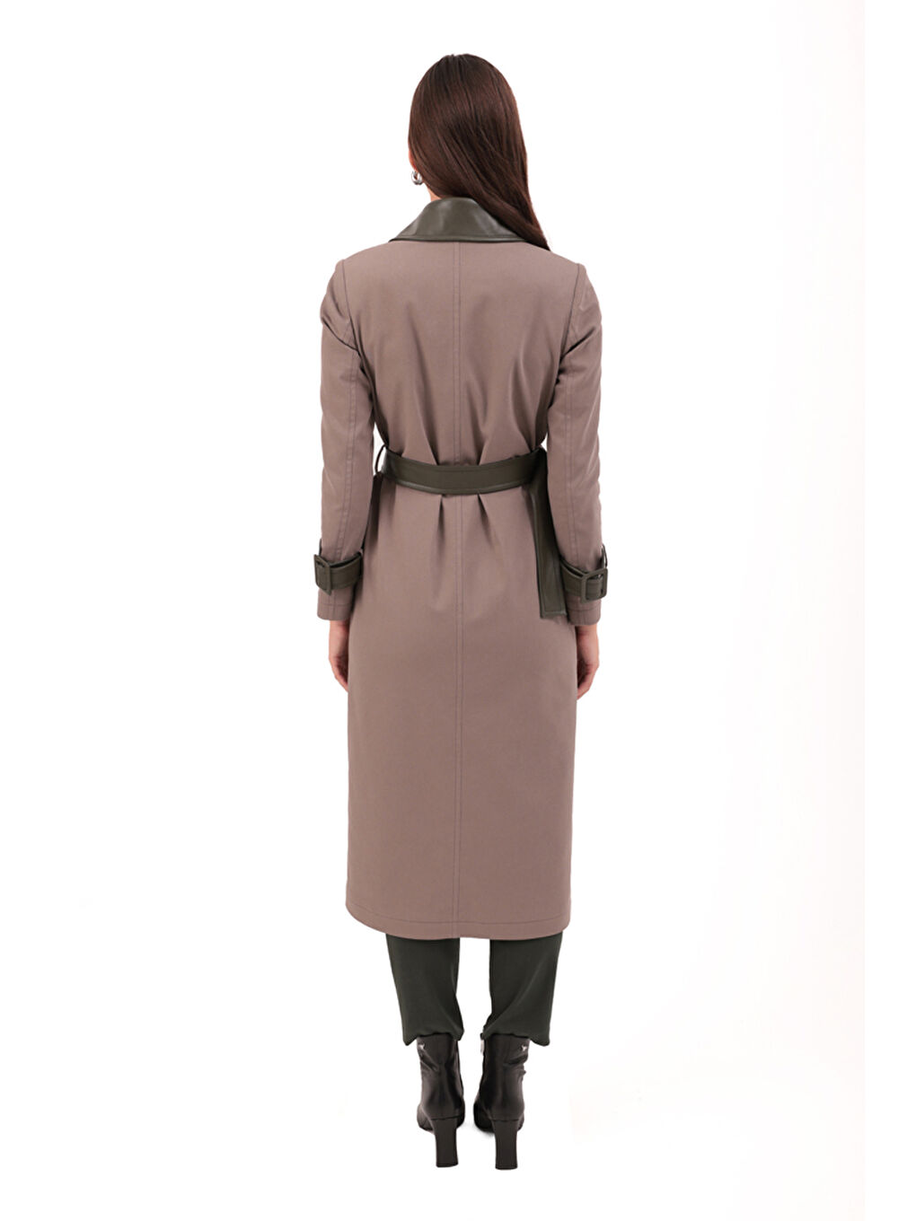 Bej Deri Detaylı Kruvaze Trençkot-5