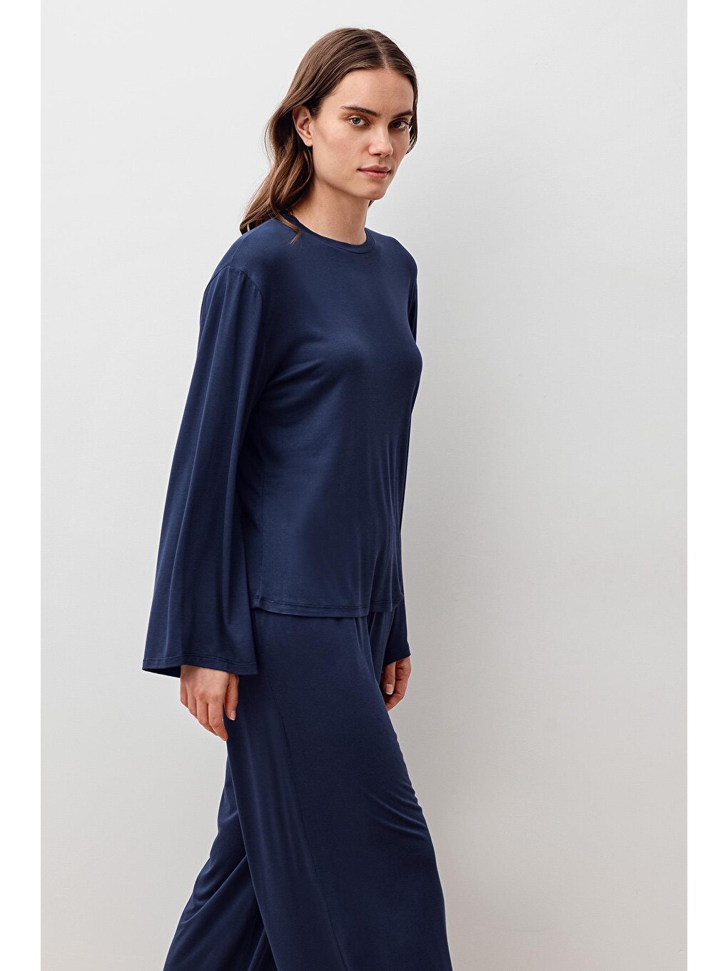 Lacivert Uzun Kollu Oversize Basic Elastanlı Viskoz Alt Üst Takım 20210-7