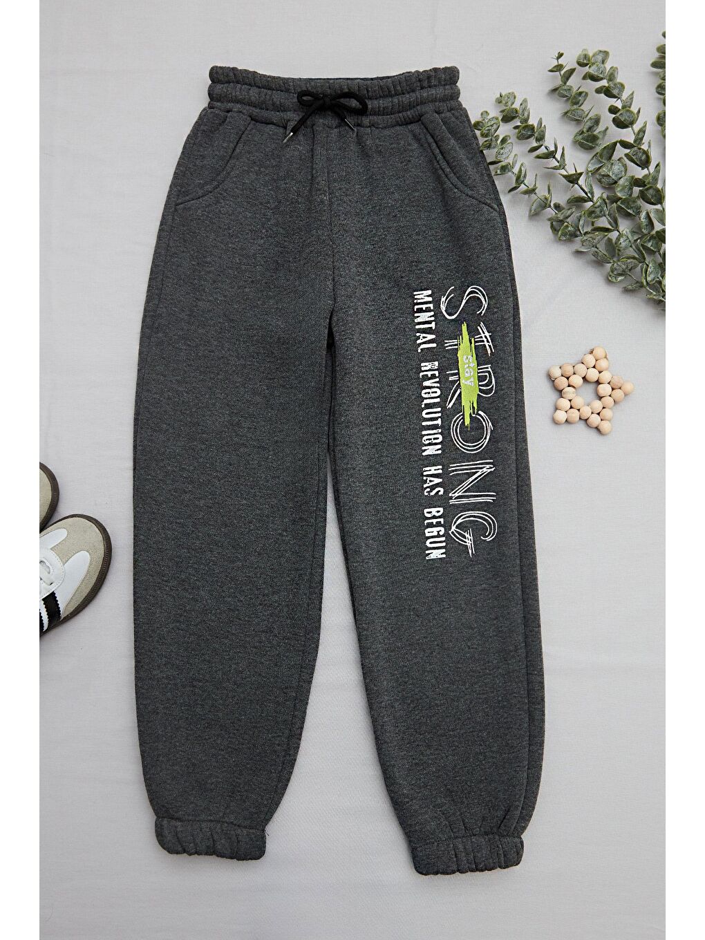 Gri 3 İplik Stay Strong Baskılı Erkek Çocuk Jogger Eşofman Altı