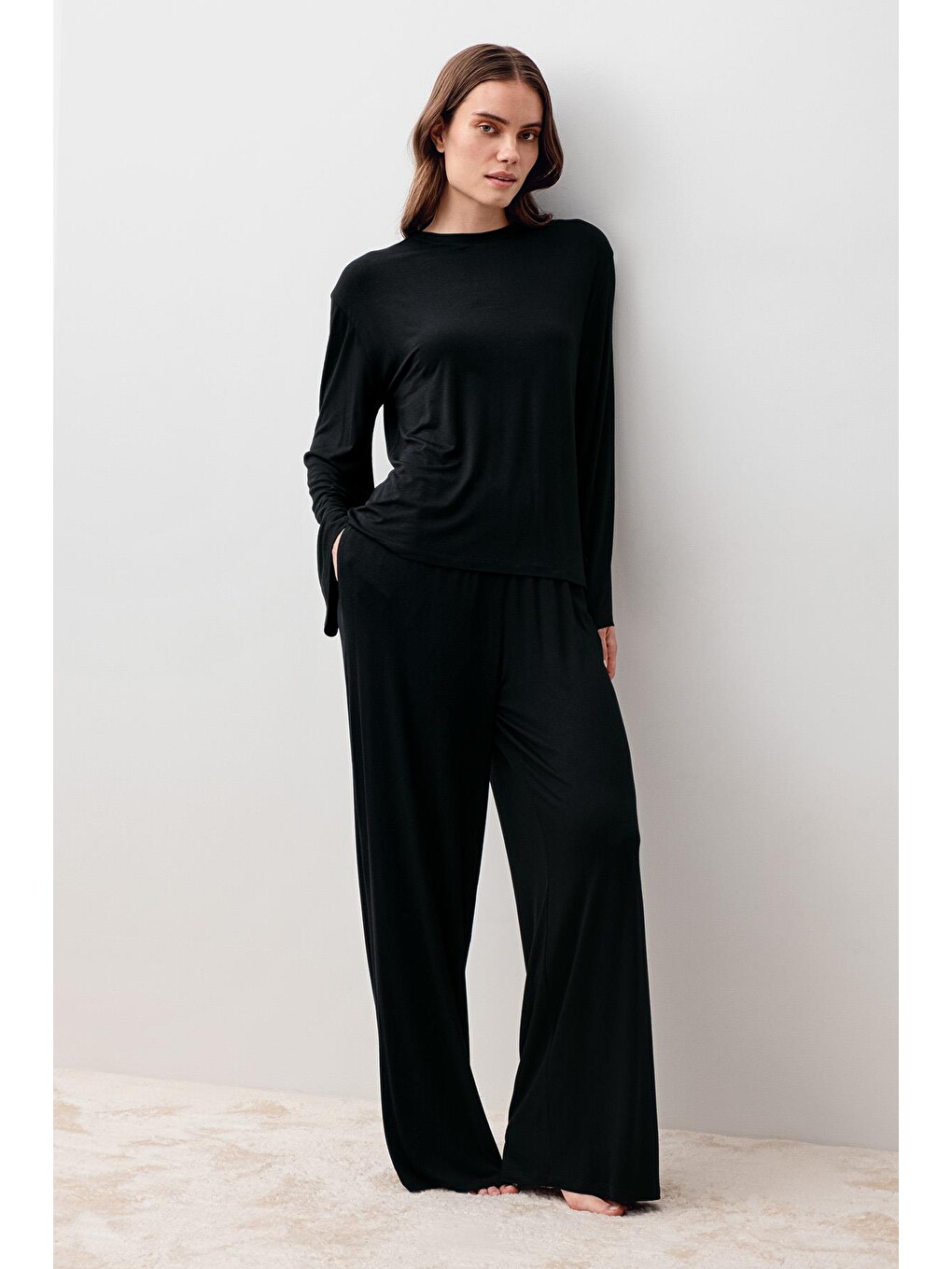 Siyah Uzun Kollu Oversize Basic Elastanlı Viskoz Alt Üst Takım 20210