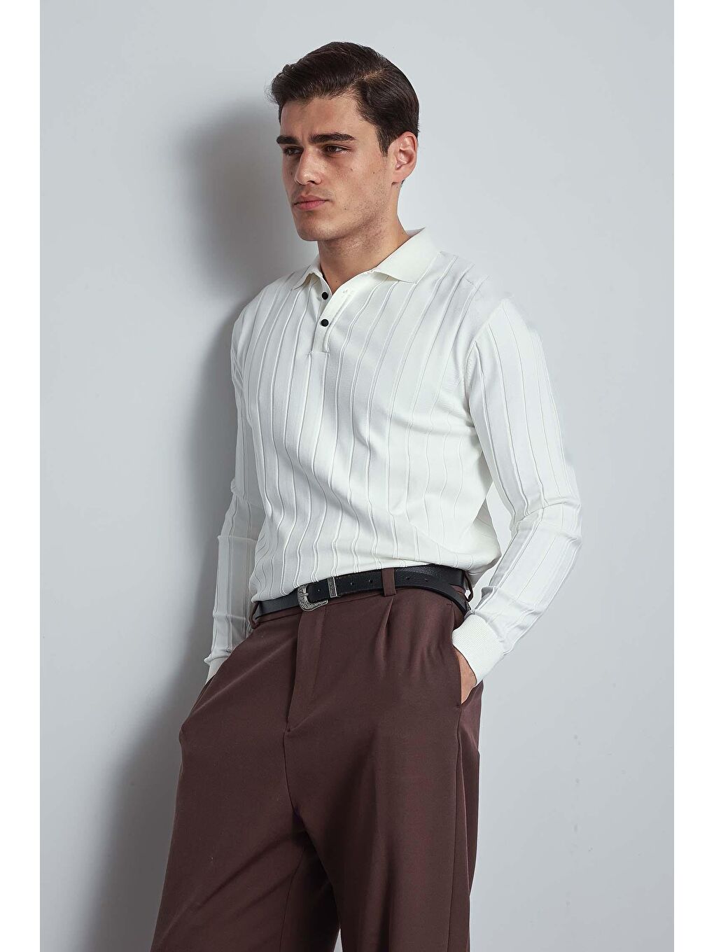 Erkek Slim Fit Premium Kumaş Polo Yaka Düğmeli Kazak Ekru