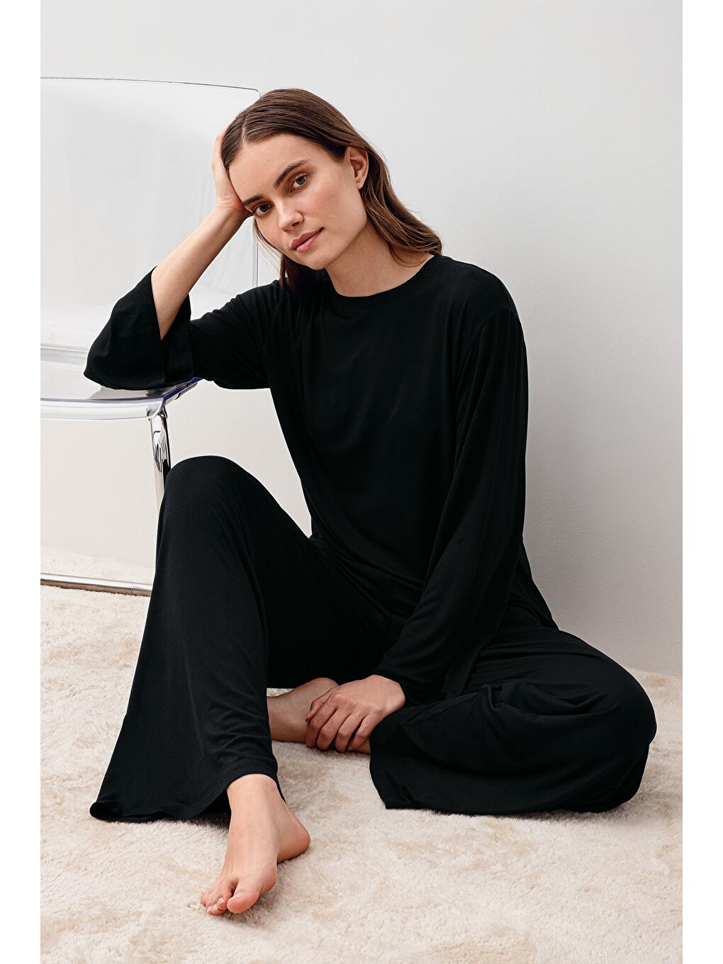 Siyah Uzun Kollu Oversize Basic Elastanlı Viskoz Alt Üst Takım 20210-2