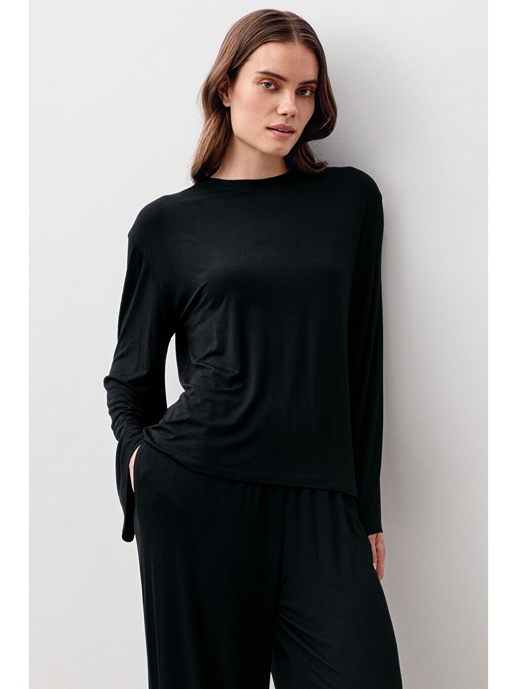 Siyah Uzun Kollu Oversize Basic Elastanlı Viskoz Alt Üst Takım 20210-3