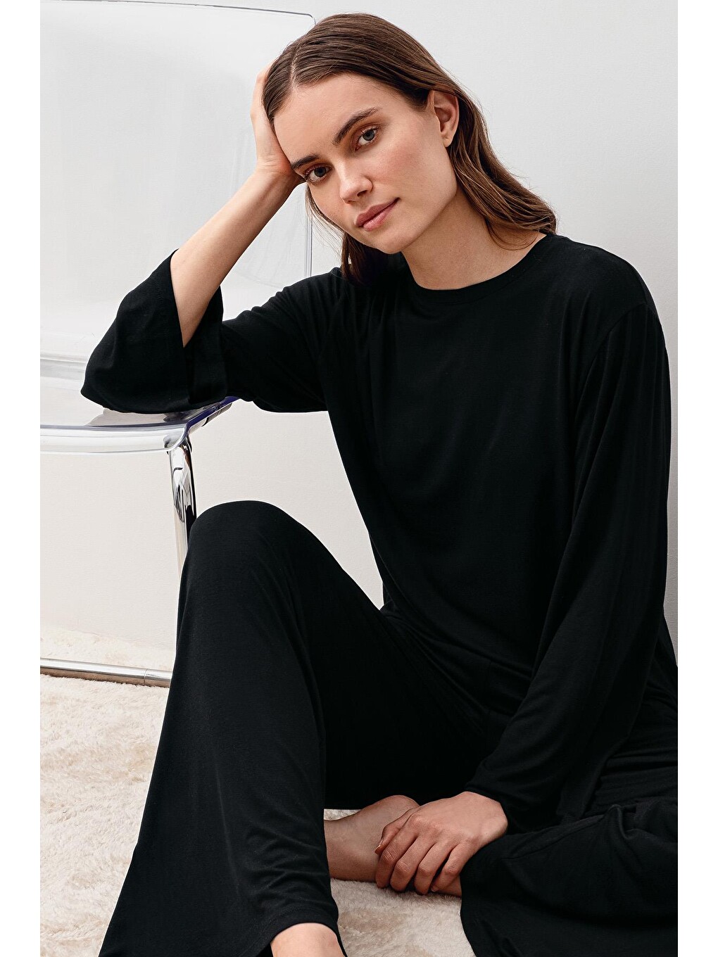 Siyah Uzun Kollu Oversize Basic Elastanlı Viskoz Alt Üst Takım 20210-5