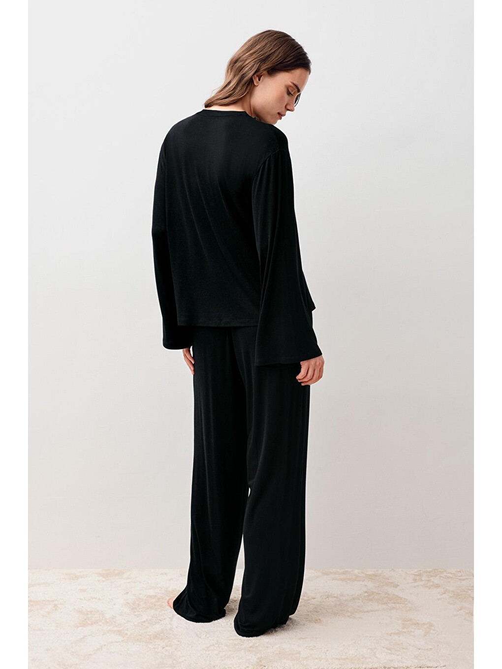 Siyah Uzun Kollu Oversize Basic Elastanlı Viskoz Alt Üst Takım 20210-6