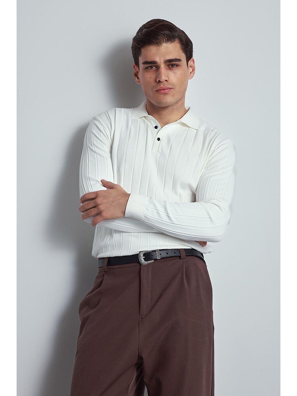 Erkek Slim Fit Premium Kumaş Polo Yaka Düğmeli Kazak Ekru-2