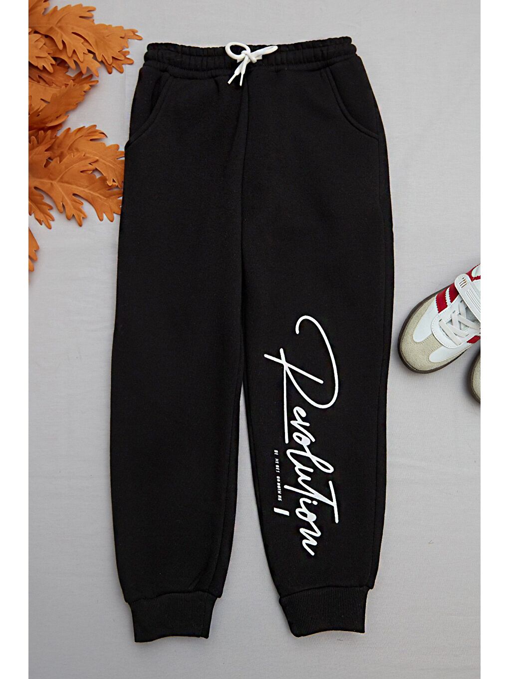 Siyah 3 İplik Yazı Baskılı Jogger Kız Çocuk Eşofman Altı