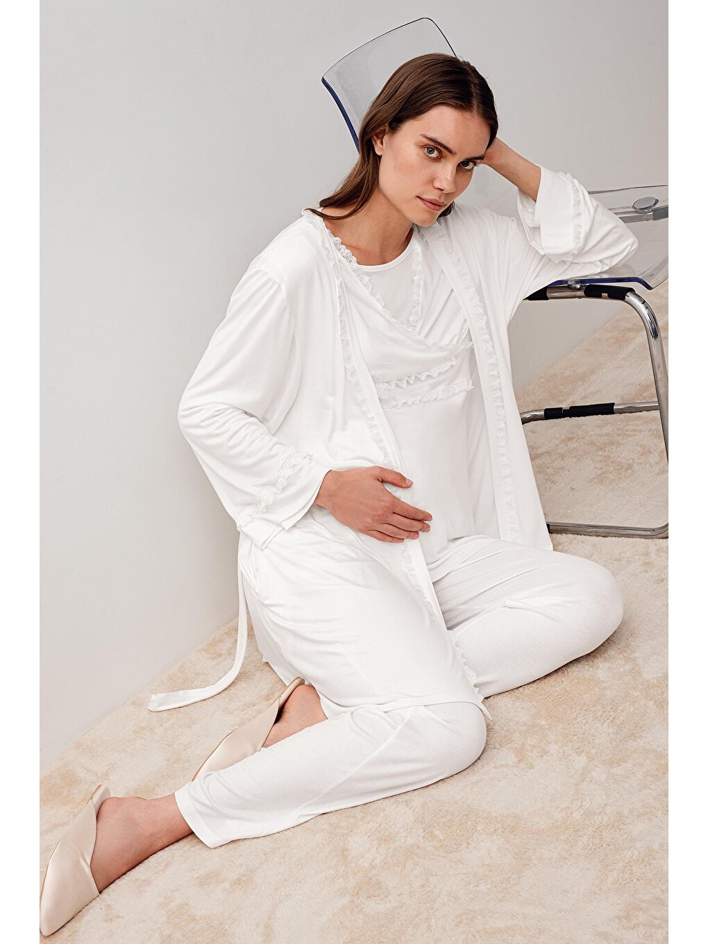 Ekru Uzun Kollu Dantelli Elastanlı Viskoz Hamile Sabahlık Pijama Takım 20300-1